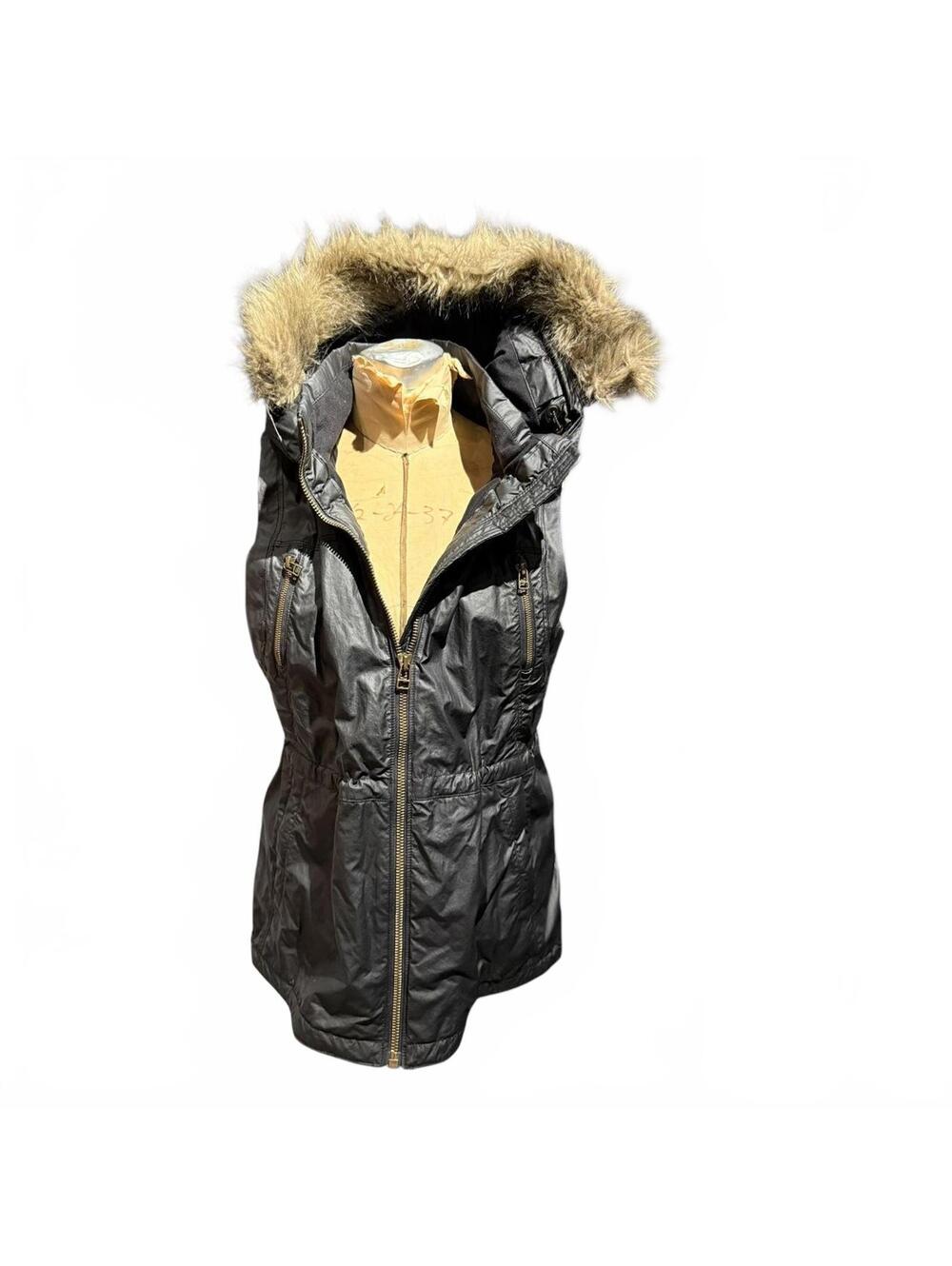 Athleta Black Sleeveless Hooded Vest with Faux Fur Trim
